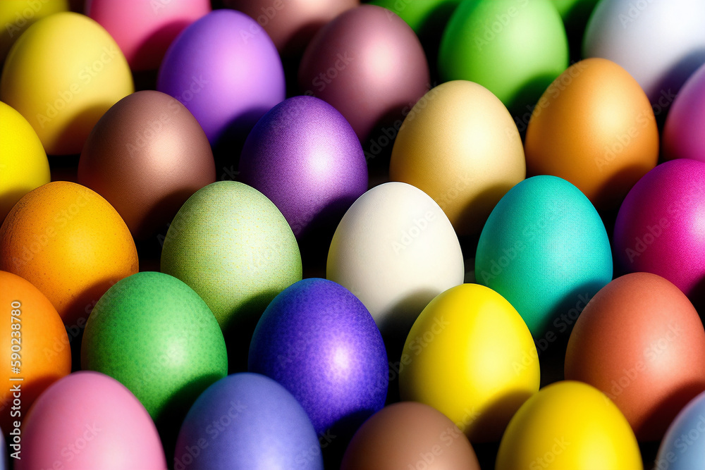 Many beautiful colorful bright Easter eggs. Painted eggs. Religious holiday, wallpaper, background. Generative AI