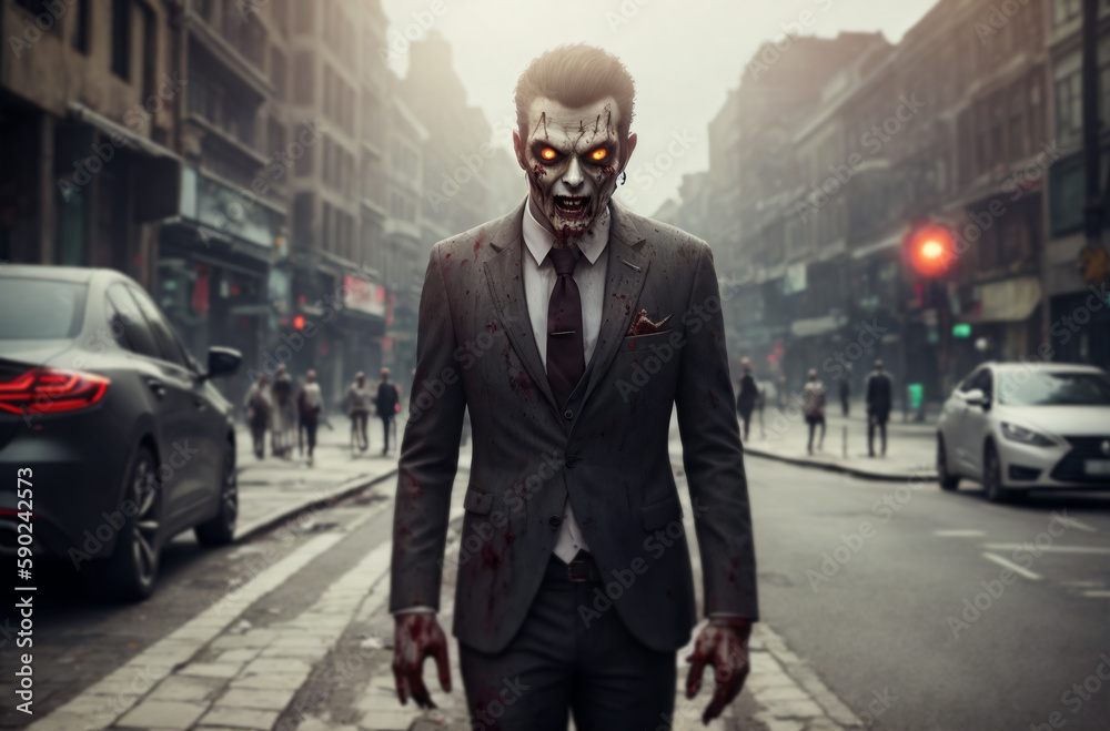 Zombie man in business suit on city street. Stylish living dead in downtown. Generative AI. Zombie man in business suit on city street. Stylish living dead in downtown. Generative AI.
