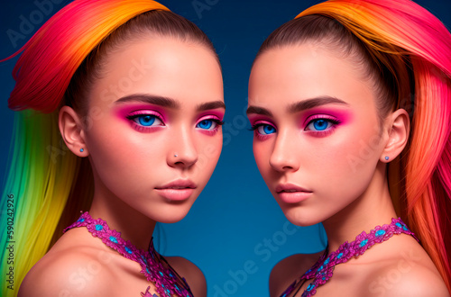 Beautiful twin girls. Generative AI.