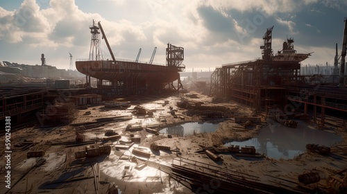 Abandoned shipyard, rusty damaged ships, cranes and mashinery, AI generative industrial landscape, sun flare