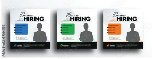 We are hiring square banner social media post template with blue green orange color variation.