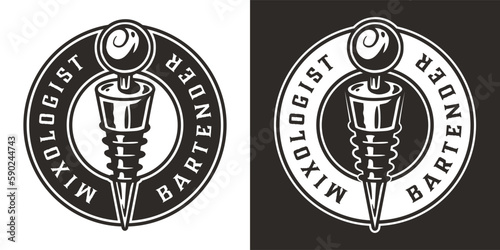 Bartender bottle stopper for bartending. Mixologist or barman logo or print with chromed metal wine stopper or cocktail bar tool