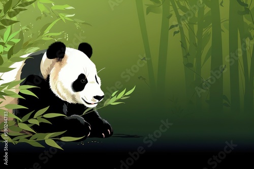 Banner illustration of adorable panda eating bamboo leaves over green background with copy space. Generative AI