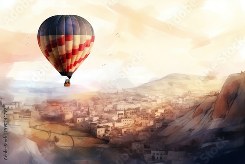 Hot air balloon floating above beautiful landscape. watercolor painting style illustration. Generative AI