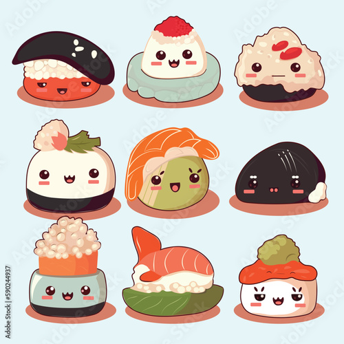 Set of cute sushi and rolls icons in kawaii style with smiling face and pink cheeks. Japanese traditional cuisine dishes. Temaki, tempura, nigiri, tamago, uramaki, futomaki.