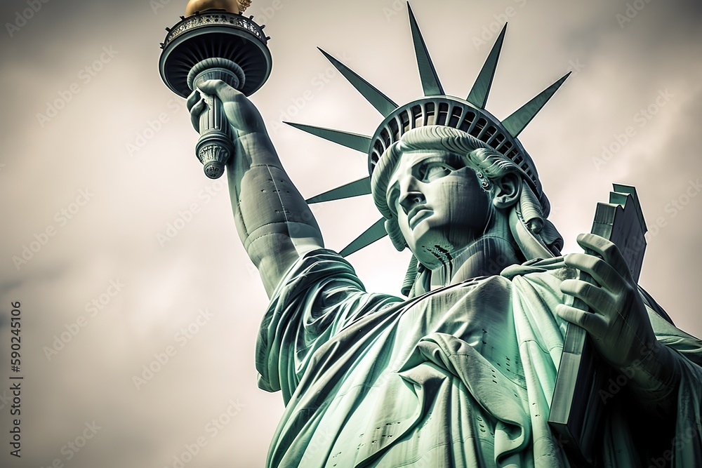 Fototapeta premium Statue of liberty low angle view in cloudy day. Generative AI