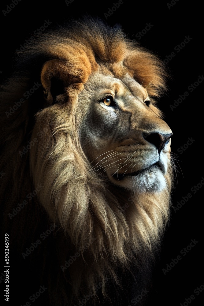 Majestic lion head over black background. Generative AI Vertical shot