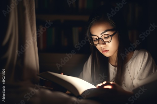 Young Asian girl reading at night in her room. Close up shot. Generative AI