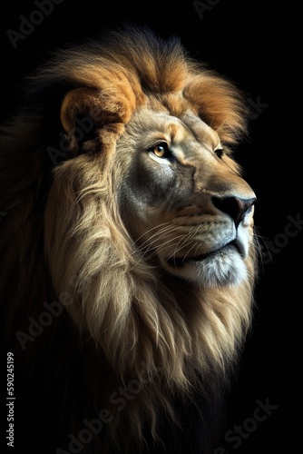 Majestic lion head over black background. Generative AI Vertical shot