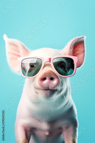 Funny pig wearing cool sunglasses over light blue background. Generative AI Vertical shot © Pajaros Volando