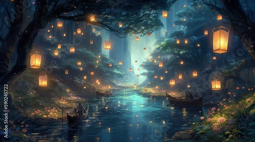 A stunning digital art piece showing paper lanterns illuminating the banks of a narrow stream in a city, with an amazing array of colors, soft light, and a wide angle view. AI generative.
