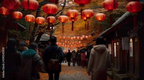 An alley of autumn maple trees in Japan adorned with paper lantern garlands, people walking away from camera in the background. AI generative.