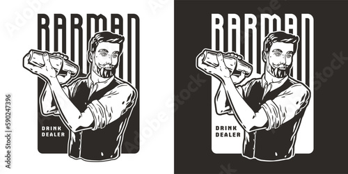 Bartender with shaker for bartending. Barman with beard and mustache for cocktail bar