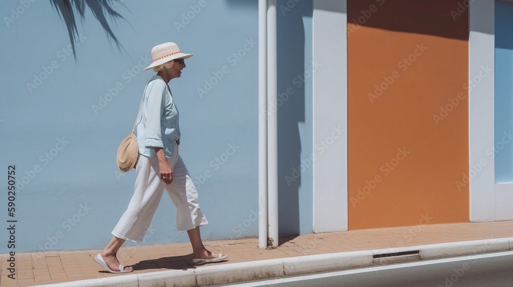Young Woman tourist in Summer outfit and Orange Hat Enjoying stroll through traditional Mediterranean town, AI generative