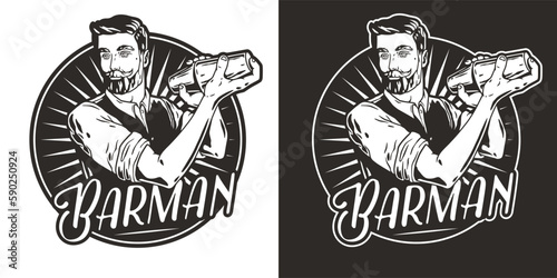 Bartender with shaker for bartending. Barman with beard and mustache for cocktail bar