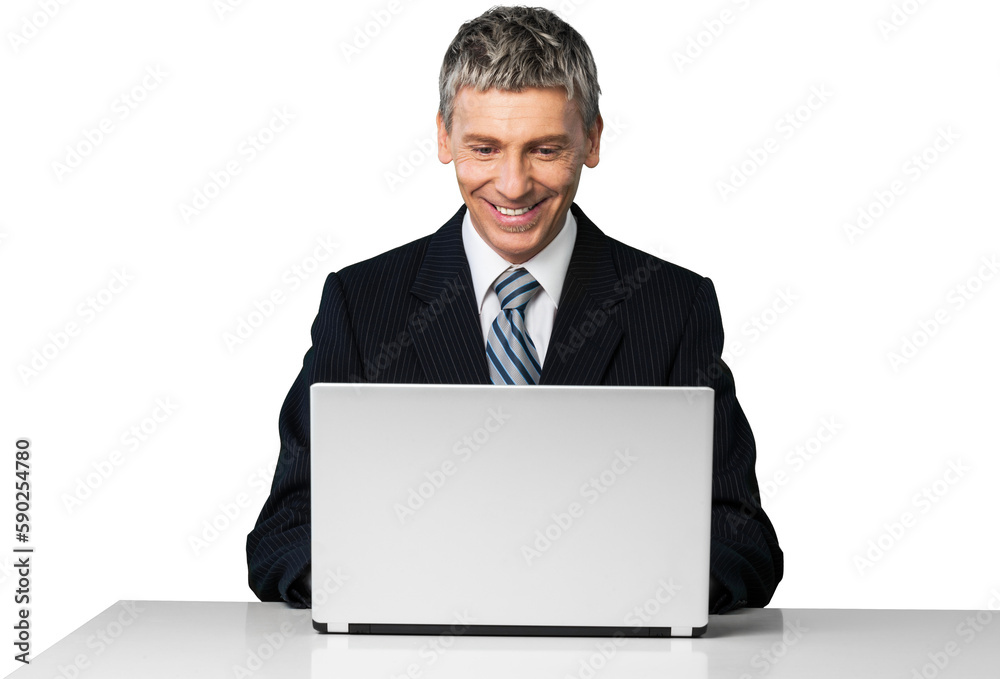 Portrait of handsome happy young man sitting with laptop with arms outstretched isolated on white Portrait of handsome happy young man sitting with laptop with arms outstretched isolated on white