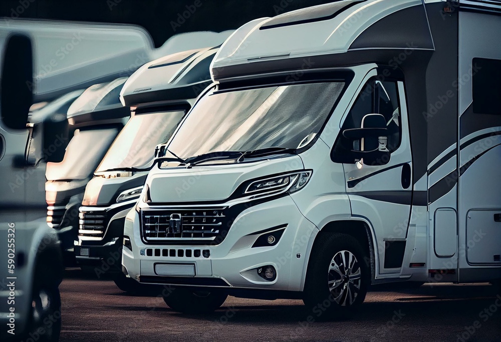 ภาพประกอบสต็อก New motorhomes lined up for sale at a dealership. The RV
