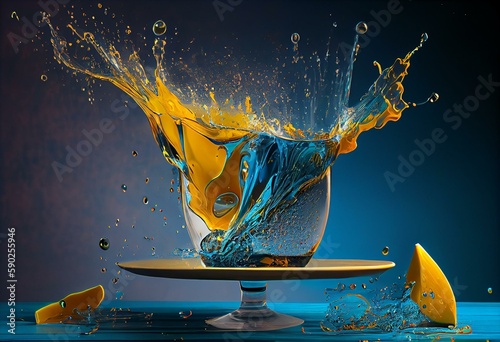 liquid splashing onto water-filled table with blue and yellow backdrop. Generative AI