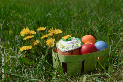 Easter holiday. Easter cake and colorful eggs in basket on green grass with yellow flowers.Side view,close up.Text Space