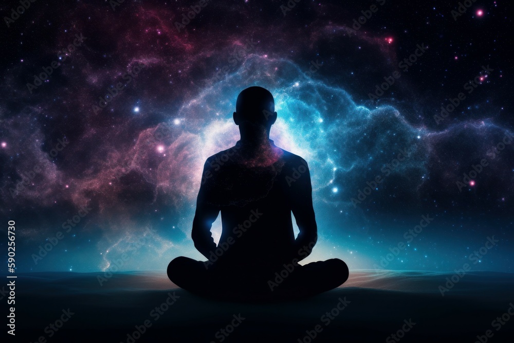Silhouette of men in Lotus position on the abstract positive energy background . AI generated, human enhanced.