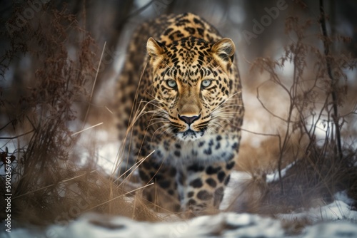 Beautiful leopard. Background with selective focus and copy space. AI generated, human enhanced