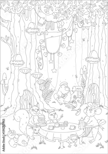 Wallpaper Mural Forest animals having breakfast black outline for coloring page Torontodigital.ca