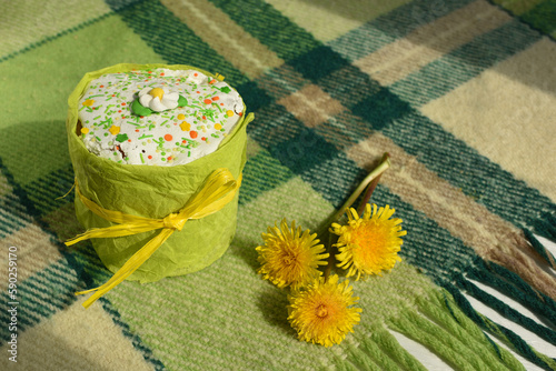Easter Cake decorated with sugar glaze and yellow flowers are on green checkered blanket. Picnic outdoors. Top view