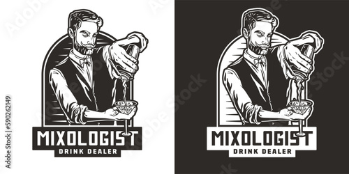 Barman with shaker and martini for bartending. Barkeepr or bartender with beard and mustache for cocktail bar.