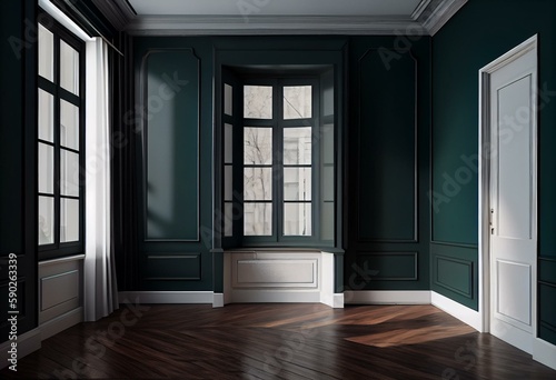 3D mockup of a dark green wall in an empty room with white French windows and wooden floor. Generative AI