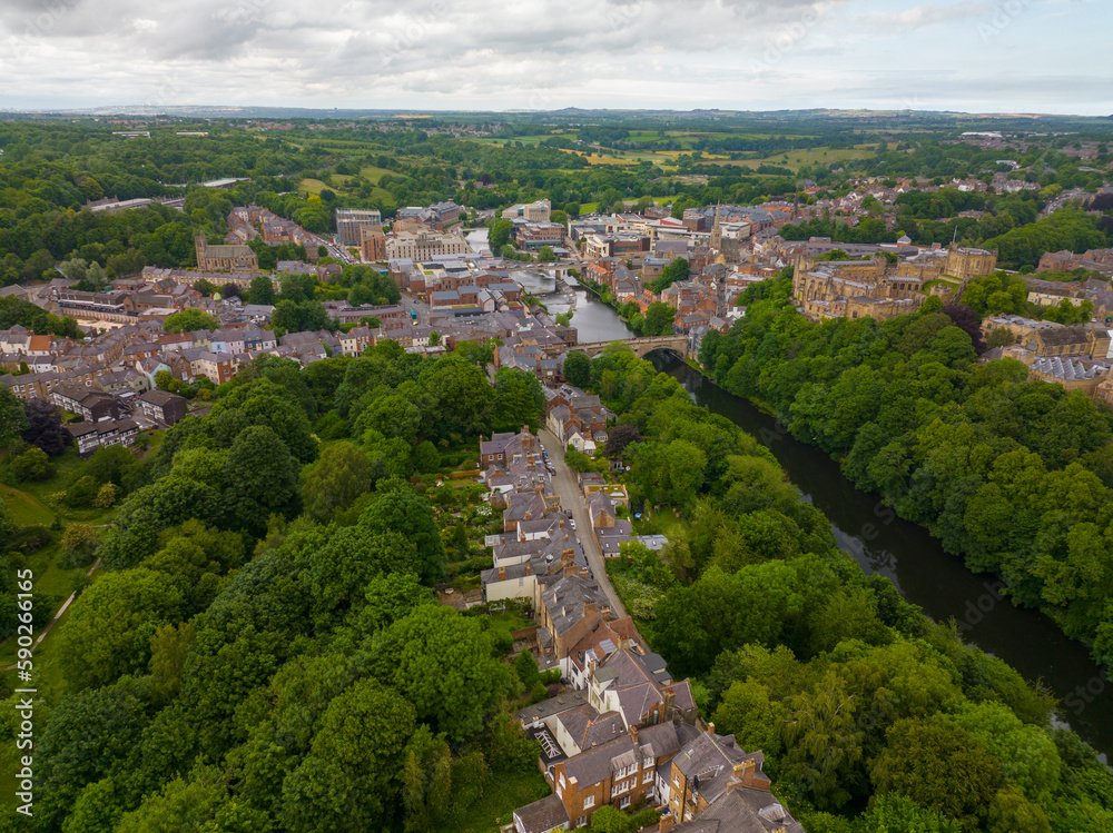 Historic city center of Durham aerial view including Framwellgate Bridge over River Wear. The Durham Castle and Cathedral is a UNESCO World Heritage Site since 1986. 