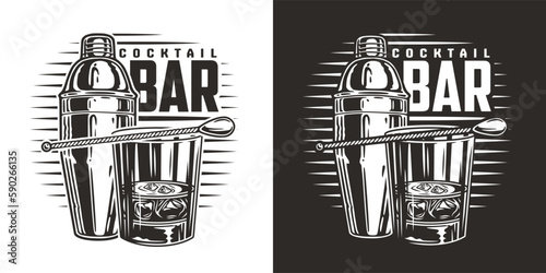 Bartender cocktail shaker and bar glass for bartending. Chromed boston shaker for barman of cocktail bar.