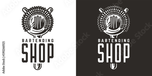 Bartending logo with strainer for shop or store. Bartender design with chromed metal equipment or cocktail bar tool for barman.