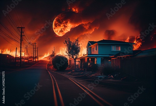 The 'River Fire' in Salinas, CA was started by dry lightning and burned dangerously close to houses on its first day, filling the sky with smoke and flames. Generative AI photo