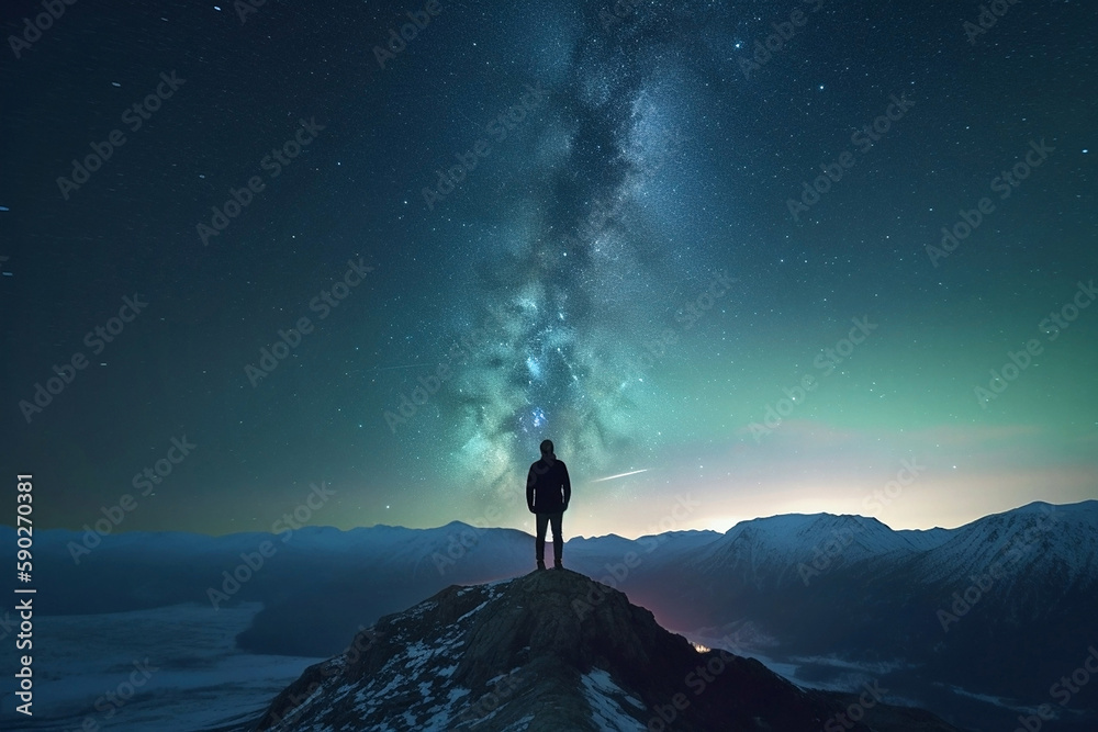 Ai generated image of a silhouette of a hiker looking at the milky way