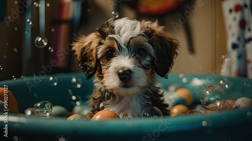 Cute Puppy Taking a Bath in Vintage Clawfoot Tub with Colorful Toys and Towels, Generative AI