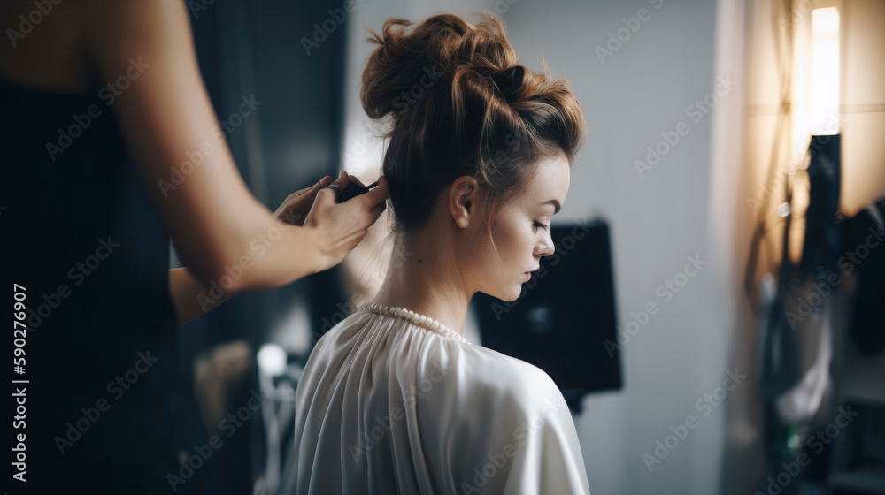 Fototapeta premium Hairdresser doing an elegant hairstyle to the bride with accessories with jewelery on her wedding day in a relaxed and intimate atmosphere. Illustration. Generative AI