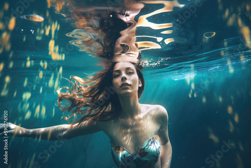 Woman in a dress underwater, in a blue pool meditating in apnea on summer vacation. underwater meditation and relaxation techniques. Illustration. Generative AI