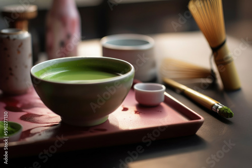 creamy Matcha tea latte in a ceramic mug and bamboo whisk. simplicity and elegance of the traditional tea ceremony, Illustration, Generative AI