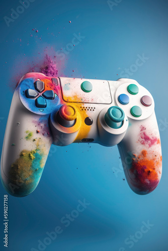 game controller, joystick, gamepad with colorful powder explosion on blue background .Video games. Illustration. Generative AI