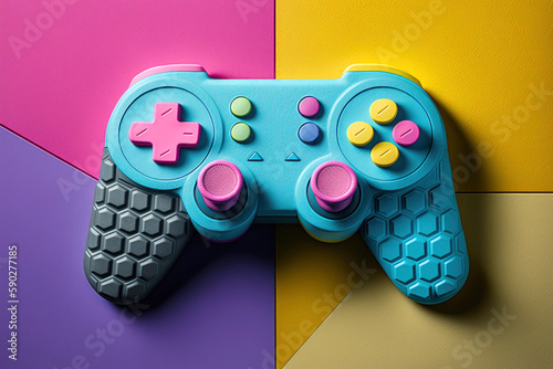 The concept of video games. gaming controller in pastel colors on background with abstract geometric shapes. Ilustration. Generarive AI photo