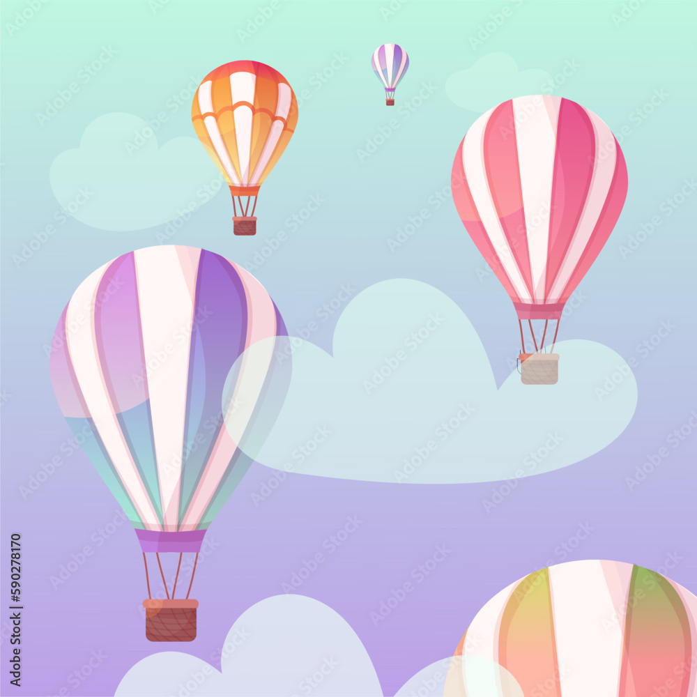 Fototapeta premium Colorful Hot Air Balloons fly on the beautiful sky with clouds. Vector illustration