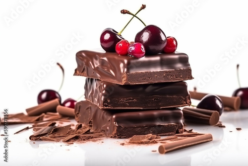 Stack of chocolate bar pieces with cherry, chocolate flakes on the table. Generative AI