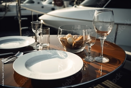 Table served on a luxury yacht in a port  minimalism. Generative AI