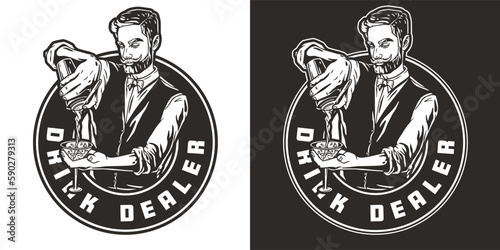 Barman with shaker and martini for bartending. Barkeepr or bartender with beard and mustache for cocktail bar.