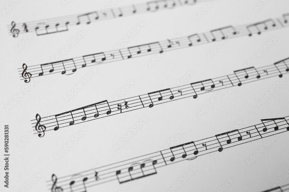 Fototapeta premium Sheet of paper with music notes as background, closeup