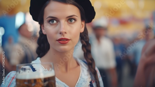 Beautiful girl with long hair at the Oktoberfest with a measure of beer cruk in her hand and beautiful dindel dress Generative AI