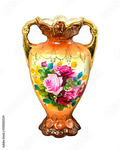 Artistic yellow and pink Decorative Amphora style Ceramic Vase isolated on a transparent background. PNG image. © geoff childs. 