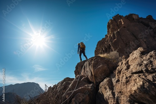 A person climbing a cliff way to a mountain top. Generative ai