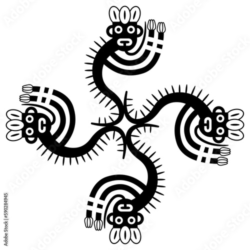 Square cross shape ornament with four fantastic creatures. Nazca pottery. Native American art of ancient Peru. Indigenous Peruvian mythology. Black and white silhouette.