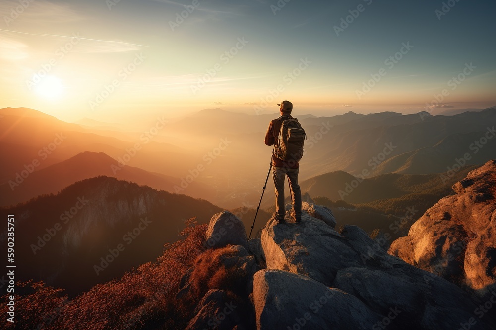 A man with backpack standing on top cliff with mountain view during sunset. Generative ai